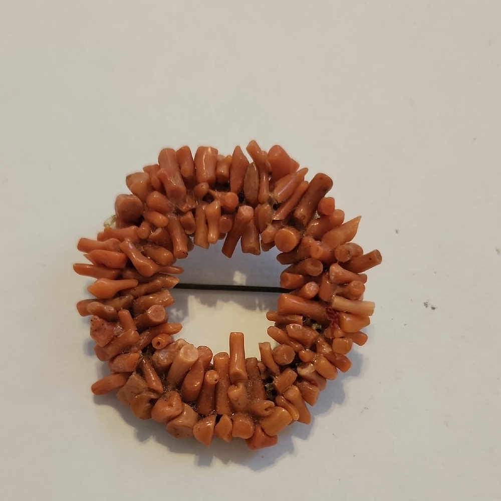 Vintage Faux Coral Chip Bead Circle Brooch Pin Orange